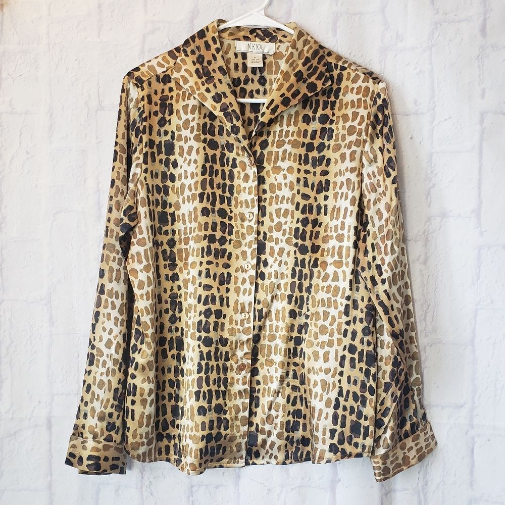 VINTAGE NEXX Animal Print 100% Silk Button Down Blouse Medium